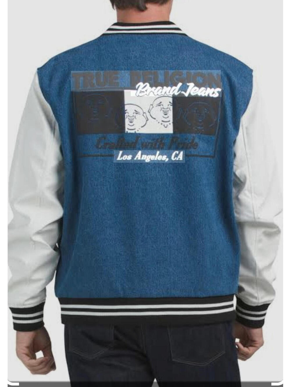 True Religion Mens Varsity Jacket Blue Denim White Sleeve Buddha Logo Size L